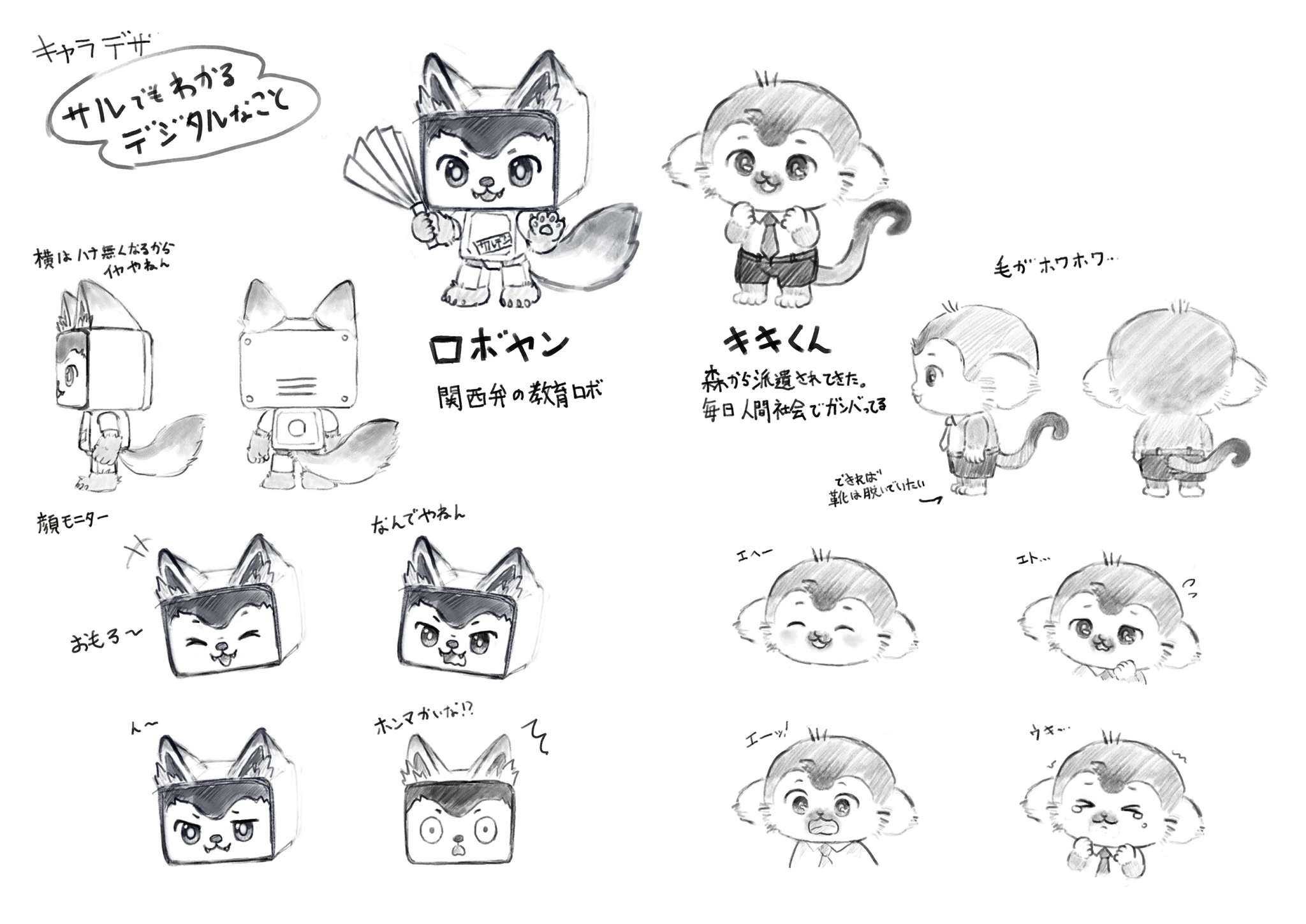 「サルでもわかるデジタルなこと」のキャラクターデザイン設定資料下図。ロボヤンとキキくんの全身の三面図と表情バリエーション
