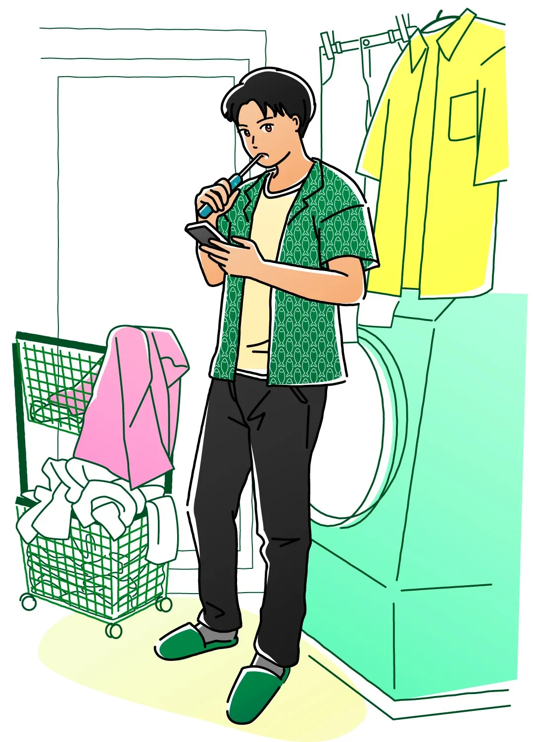 洗面所で歯磨きをしながらスマホを見ている男性のイラスト
