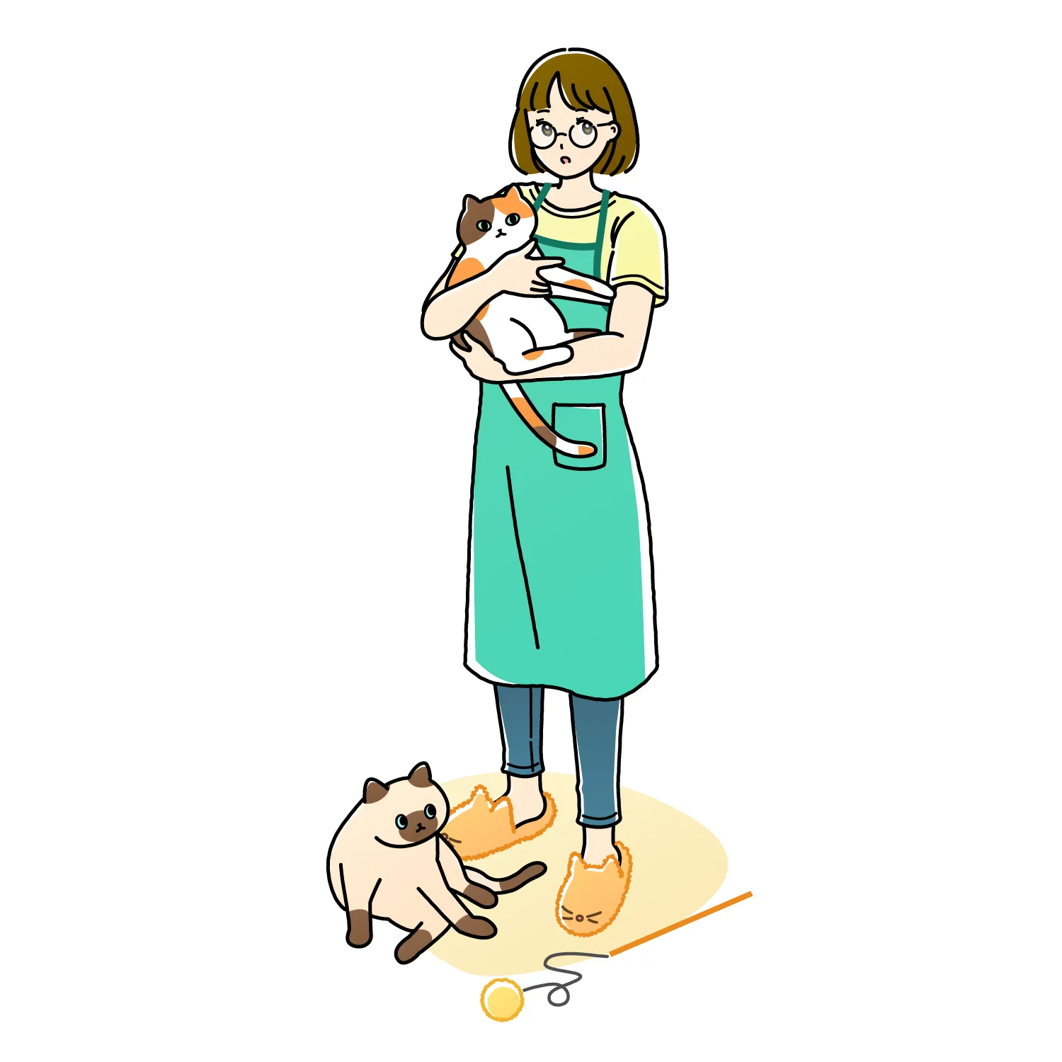 猫を抱っこする女性とその足元に猫がいるイラスト