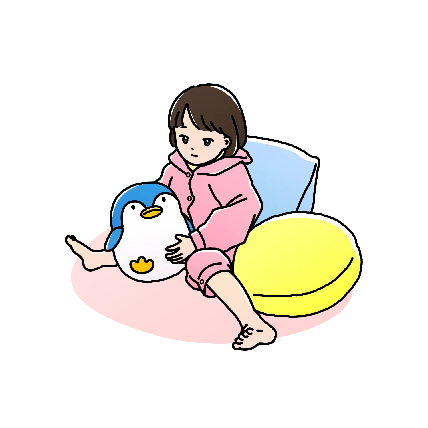 クッションに囲まれてペンギンのぬいぐるみを抱いている子どものイラスト
