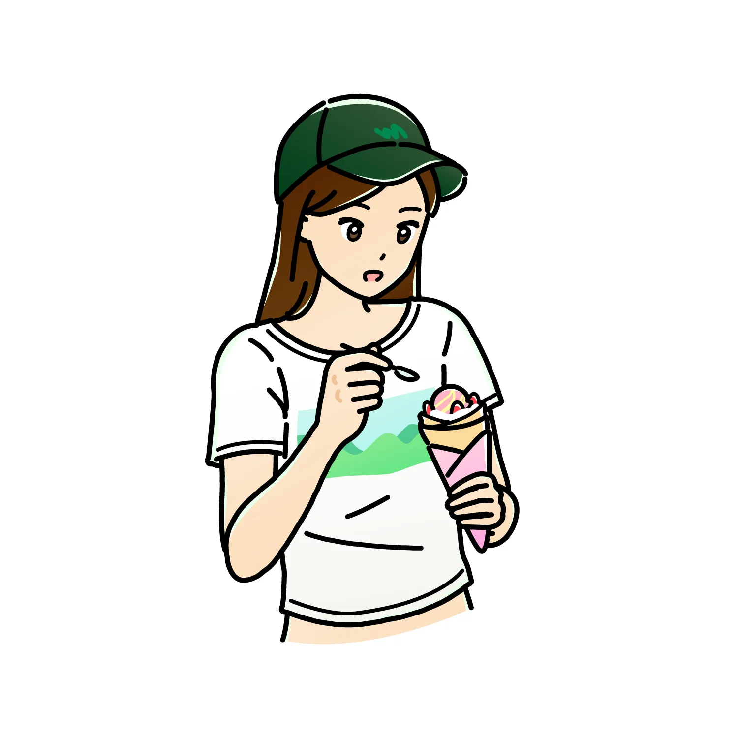 クレープを食べるキャップを被った女性のイラスト