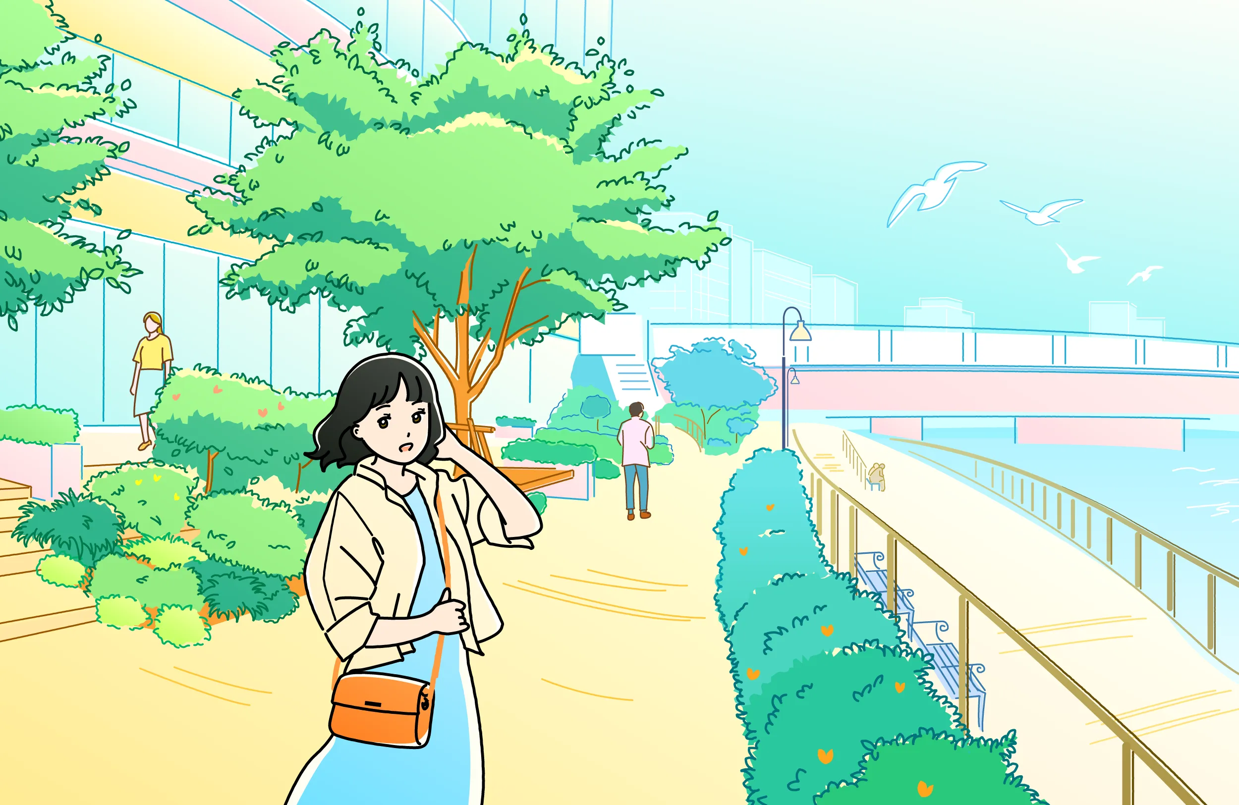 緑のある海沿いの街で歩いている青いワンピースを着た風になびく一人の女性