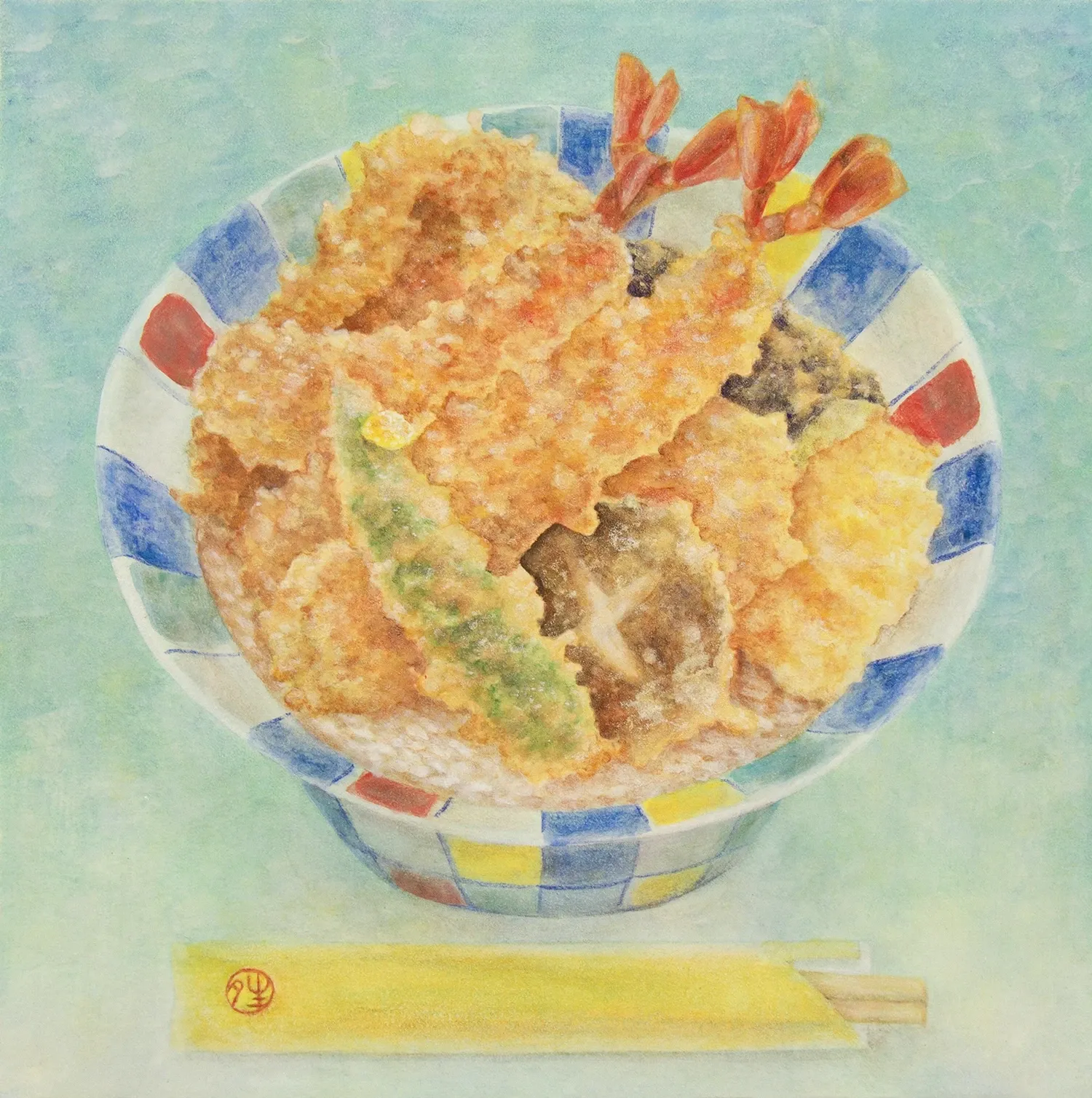 格子柄のカラフルな丼に天ぷらが山盛りにされた天丼と、手前に置かれた割り箸を描いた日本画。
