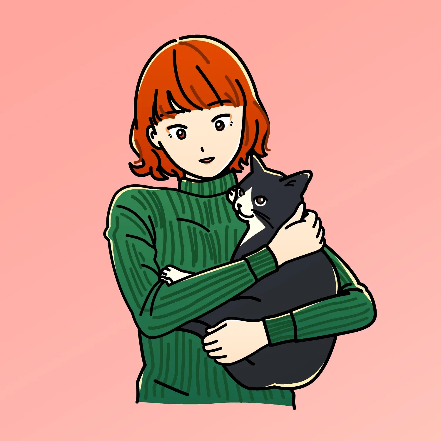 ハチワレ猫を抱く緑色の服を着た赤い髪の女性