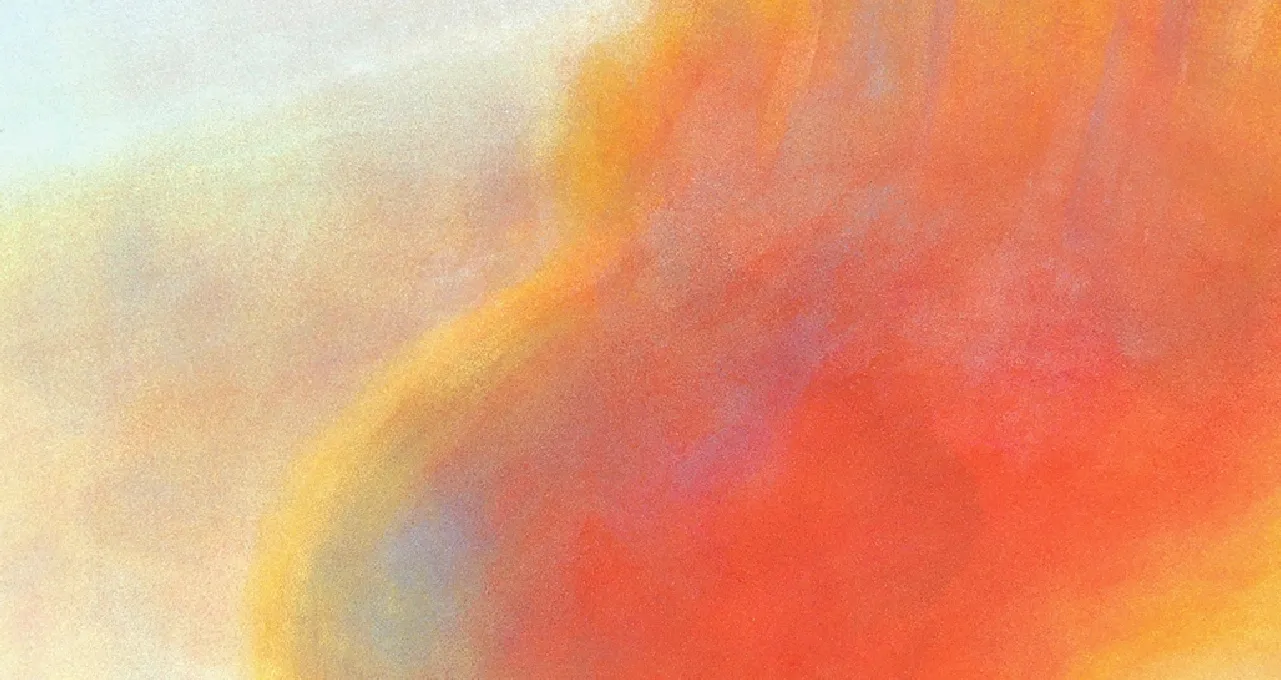 オレンジと赤が流れるような日本画の抽象アート