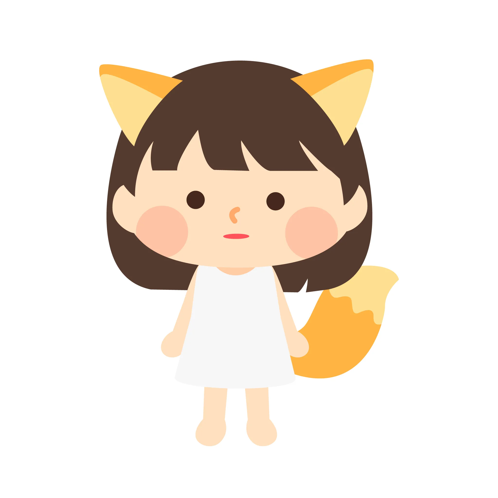 きつねの耳と尻尾を持ち、白いワンピースを着たキャラクターデザイン画。「こんこんわらべ」を最初に描いたもの。