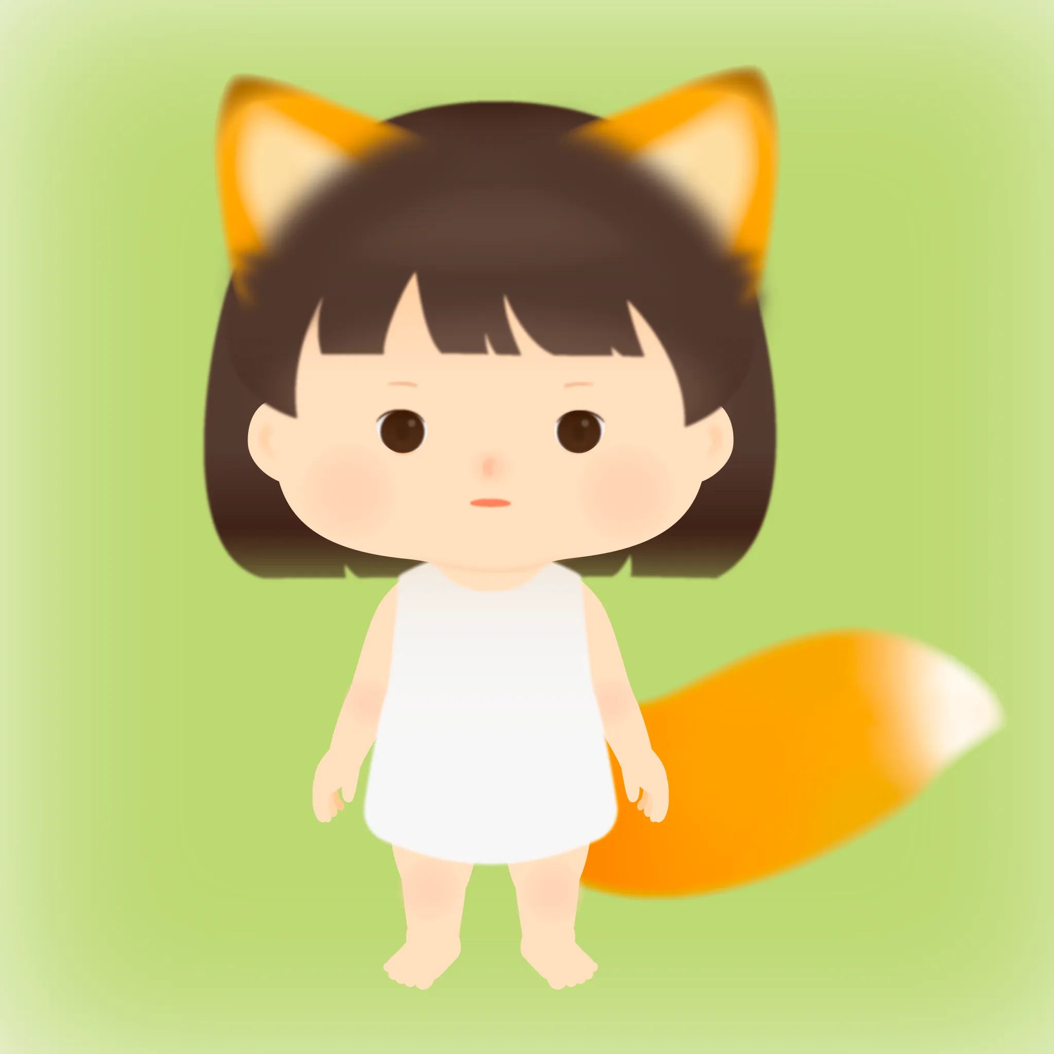 きつねの耳と尻尾を持ち、白いワンピースを着たキャラクターデザイン画。「こんこんわらべ」のキャラクターイメージを描き直したもの。