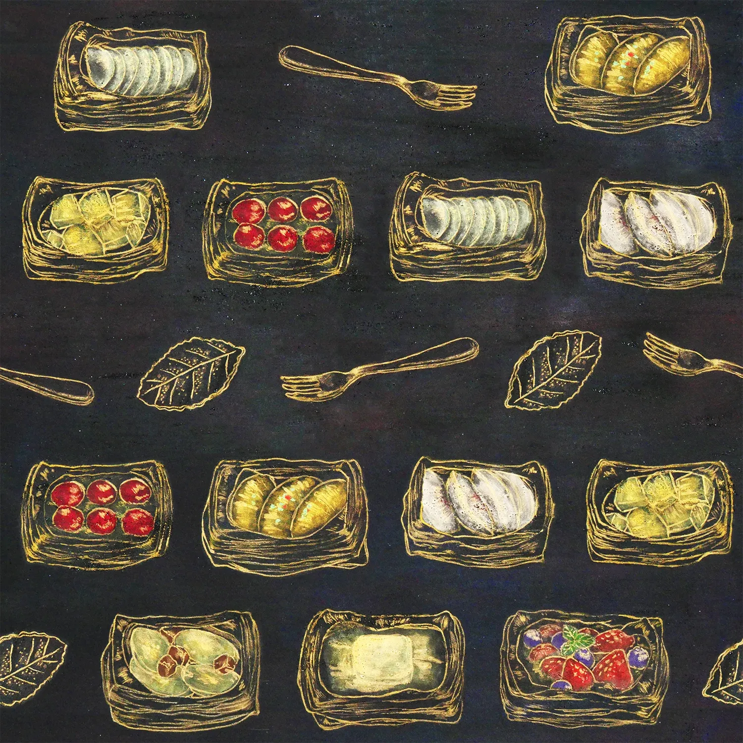 フルーツデニッシュやリーフパイ、フォークが描かれた、黒い背景のパターンデザイン