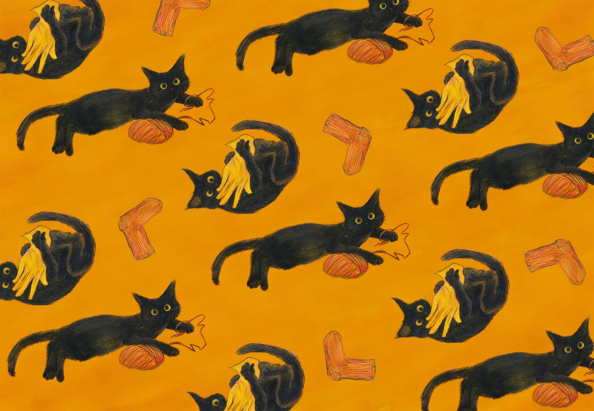 黒猫と毛糸玉などが描かれた背景がオレンジのパターンデザイン