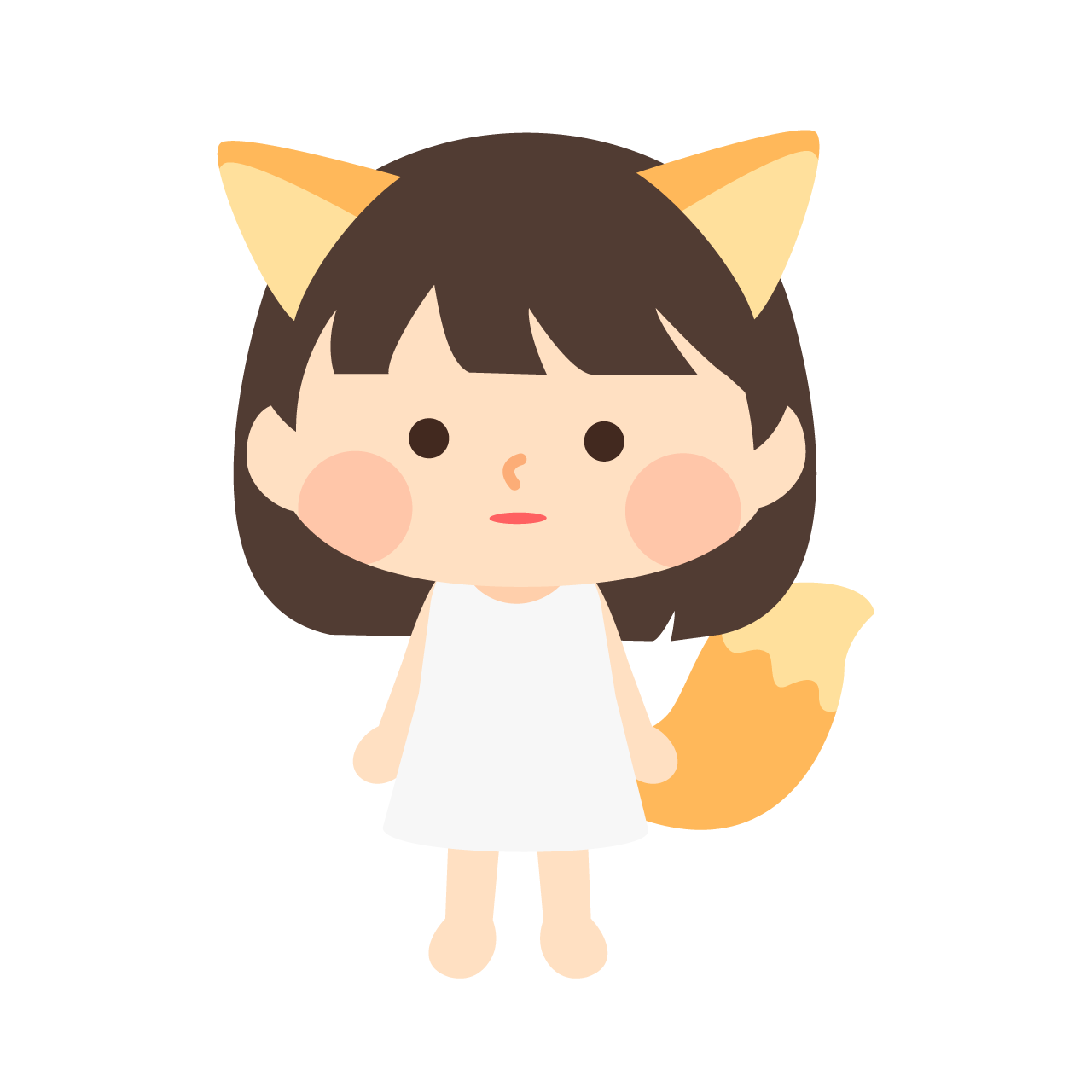 きつねの耳と尻尾を持ち、白いワンピースを着たキャラクターデザイン画。「こんこんわらべ」を最初に描いたもの。