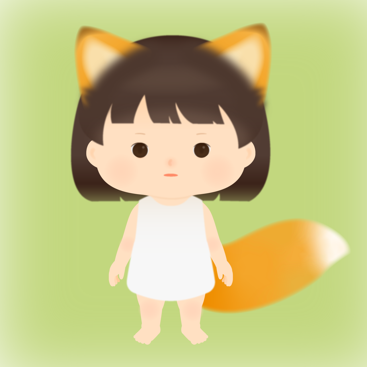 きつねの耳と尻尾を持ち、白いワンピースを着たキャラクターデザイン画。「こんこんわらべ」のキャラクターイメージを描き直したもの。