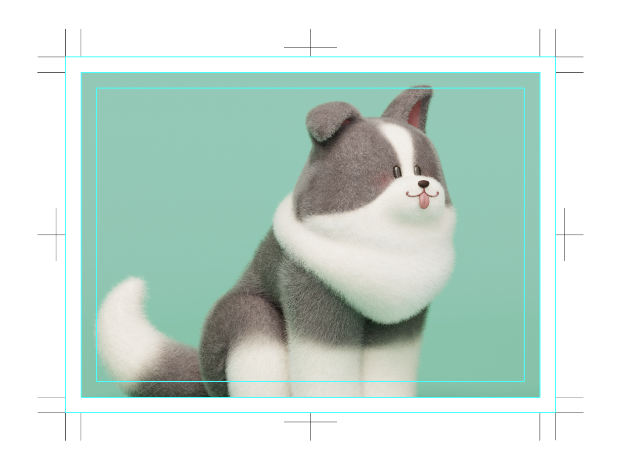 Illustrator上の仕上がりプレビュー。犬の3Dイラストにトリムマークとガイド（裁ち落とし・仕上がり・文字禁止）が表示されている。