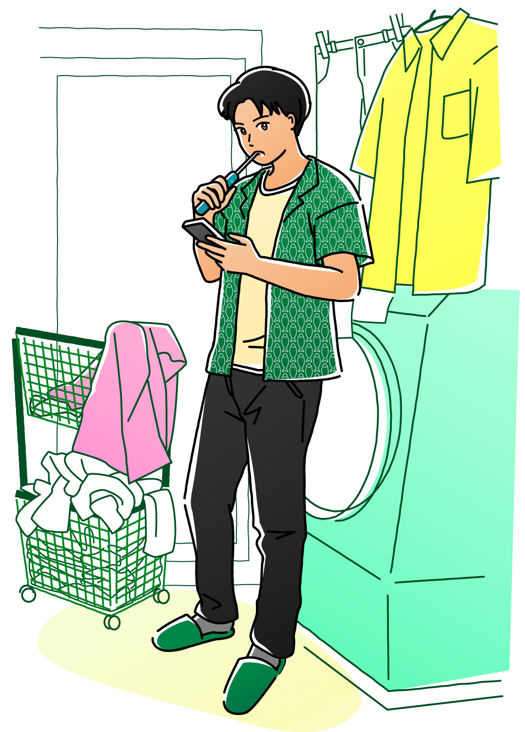 洗面所で歯磨きをしながらスマホを見ている男性のイラスト