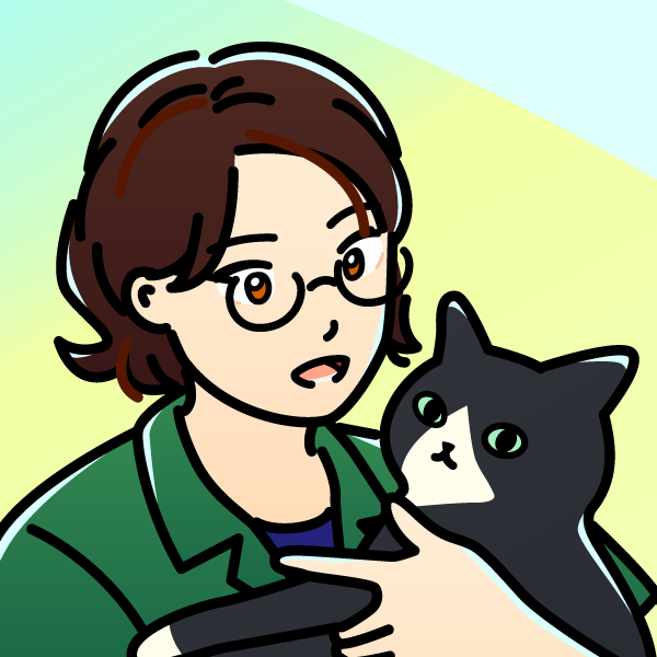 眼鏡をかけた人物が、黒白のハチワレ猫を抱きしめているイラスト。背景は淡いグラデーション