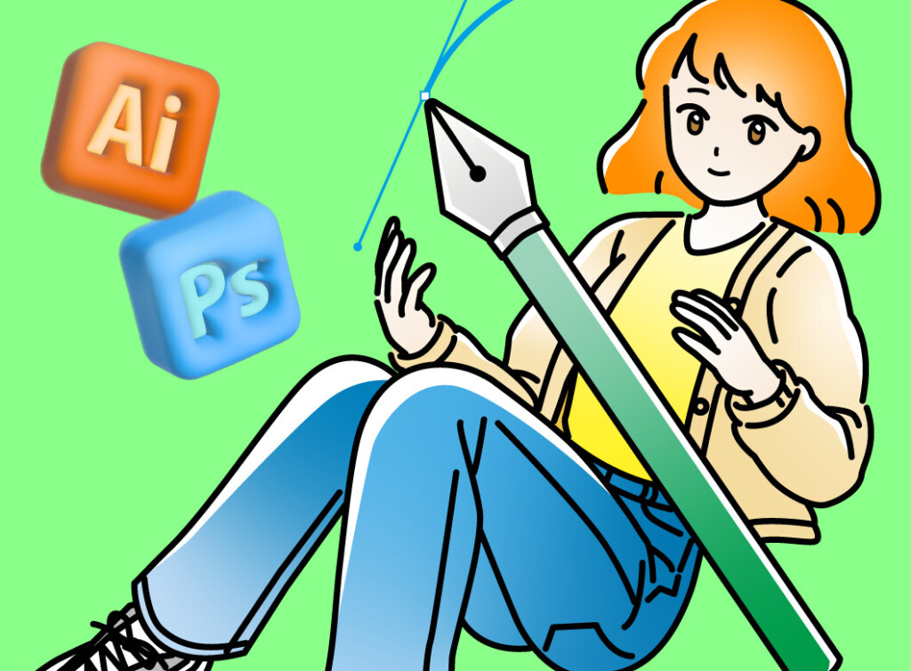 IllustratorとPhotoshopを使ったデザインをイメージしたイラスト。女性が大きなペンツールを持ち、その横に両ソフトのアイコンが浮かんでいる。