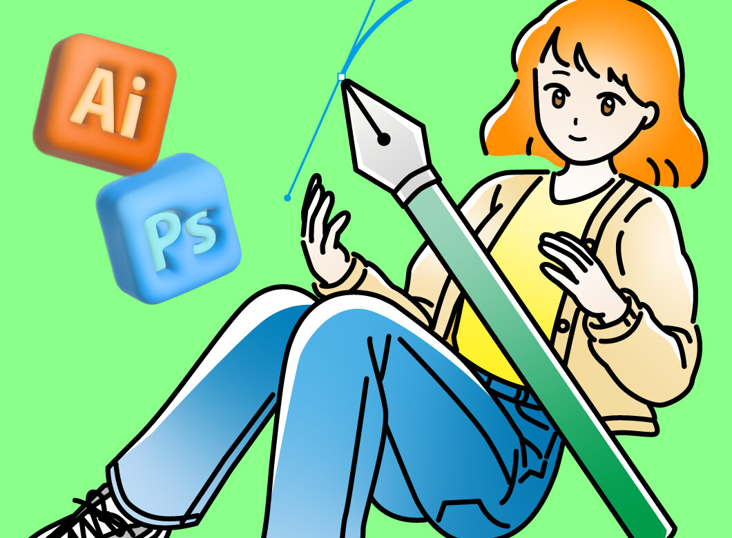 IllustratorとPhotoshopを使ったデザインをイメージしたイラスト。女性が大きなペンツールを持ち、その横に両ソフトのアイコンが浮かんでいる。