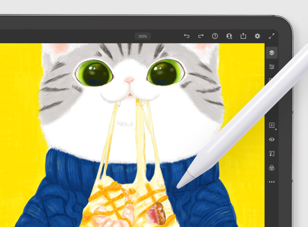 タブレットとスタイラスペンで描かれた、チーズが伸びる料理を食べる猫のデジタルイラスト。