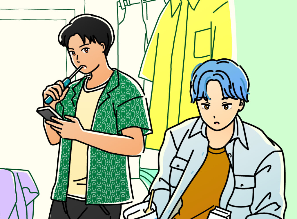 共同生活を送る男性2人の日常を描いたイラスト。1人は歯を磨きながらスマホを見ており、もう1人は座っている。