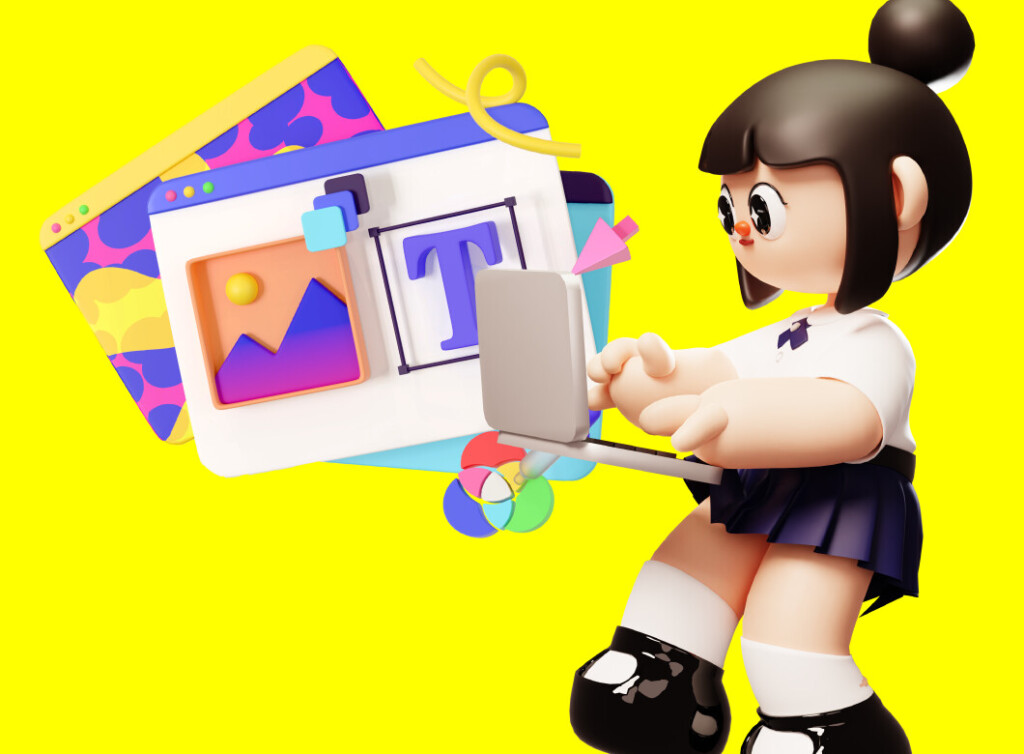 女の子のキャラクターがノートパソコンでWebサイトのパーツを組み立てている3Dイラスト。Webサイト制作をイメージした画像。