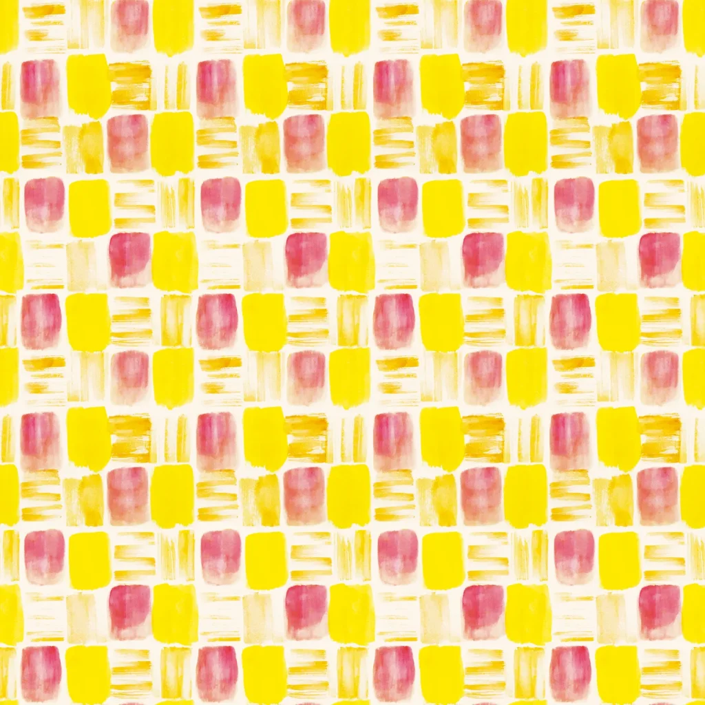 黄色とピンクの絵の具で、ブロック状の模様がラフに描かれたパターンデザイン